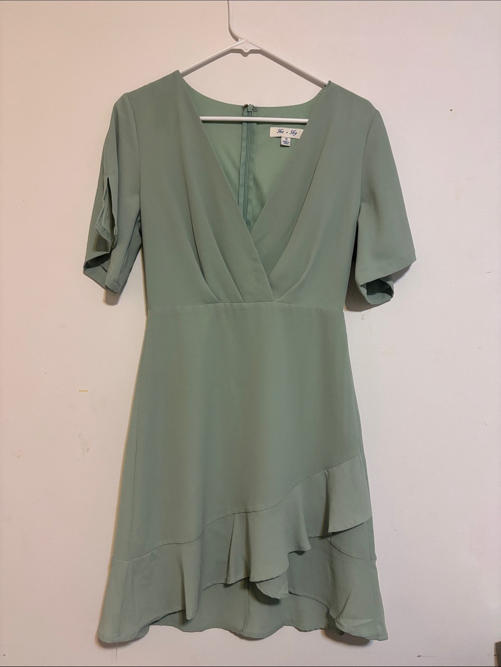 She and Sky Sage Green V-Neck Ruffle Mini Dress